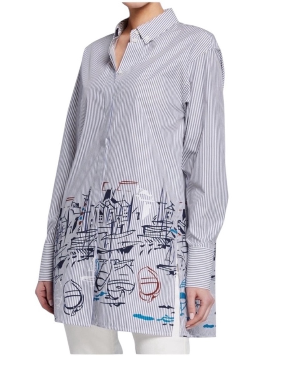 Lafayette 148 New York Harbor Print Striped Shirtdress Tunic Size M